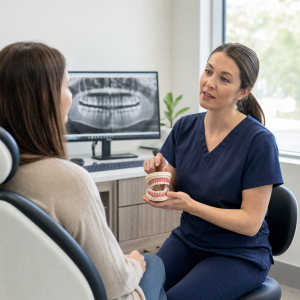 Dentist explaining oral health care options to a patient during a calm clinical consultation