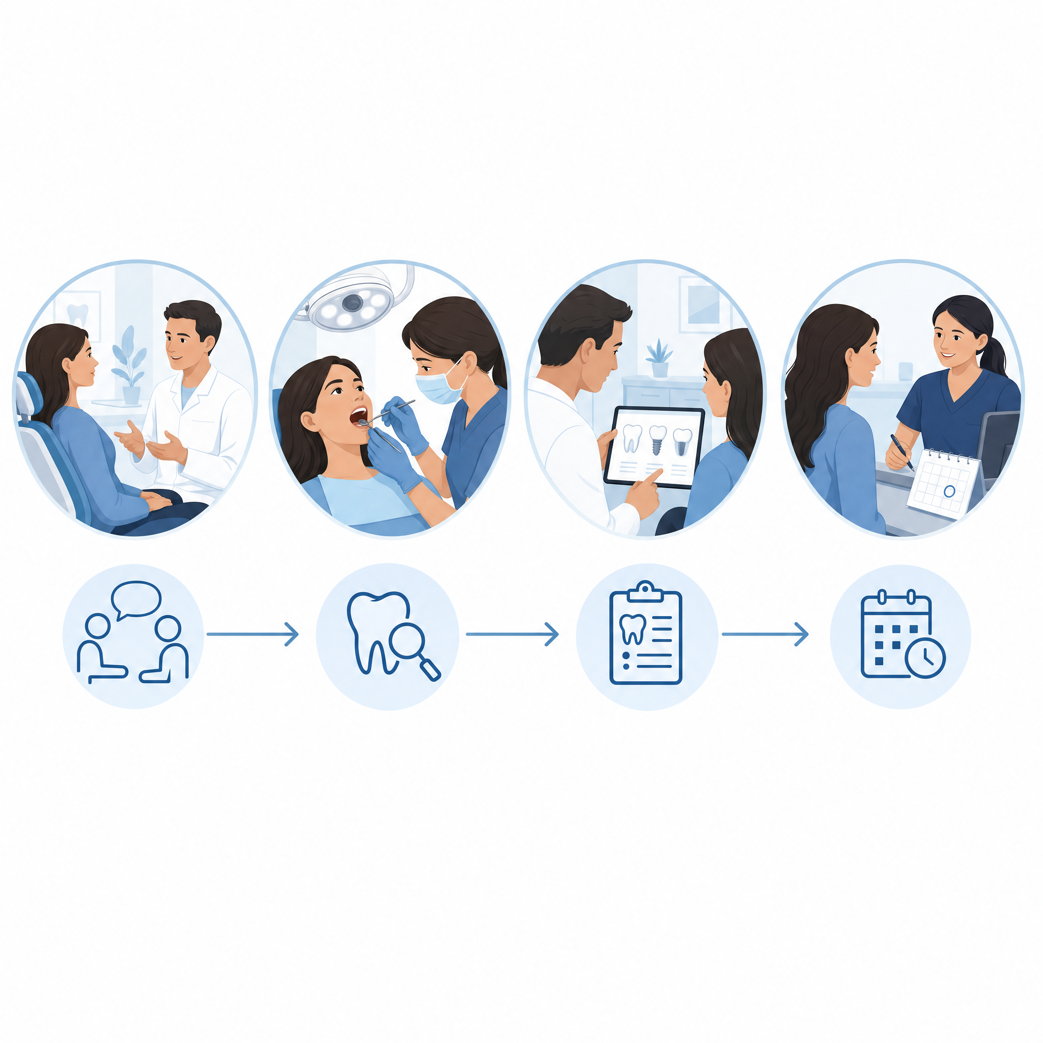 Illustrated stages of an initial dental consultation, from discussion to follow-up planning