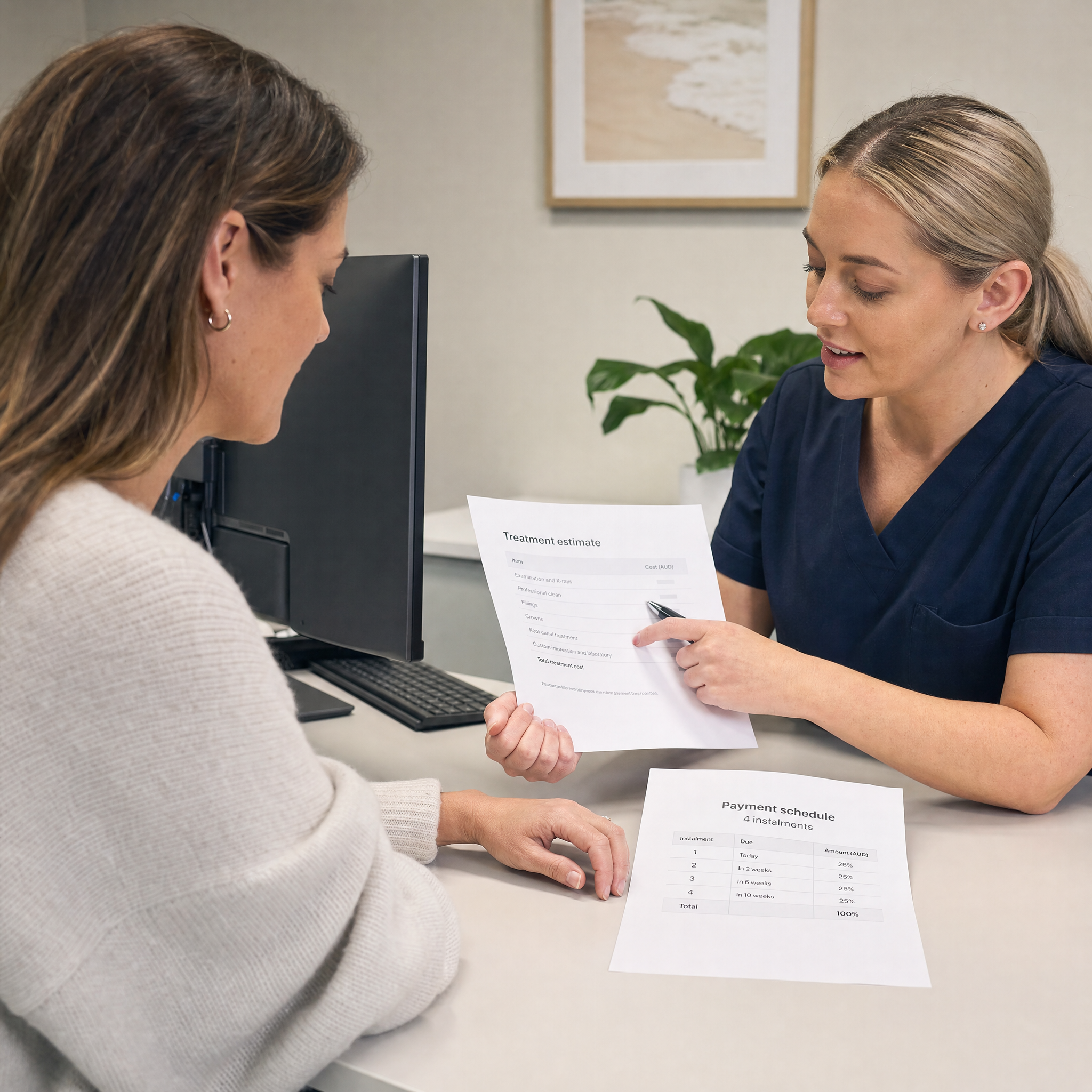 Patient reviewing a dental treatment estimate and instalment schedule with a clinician in Perth