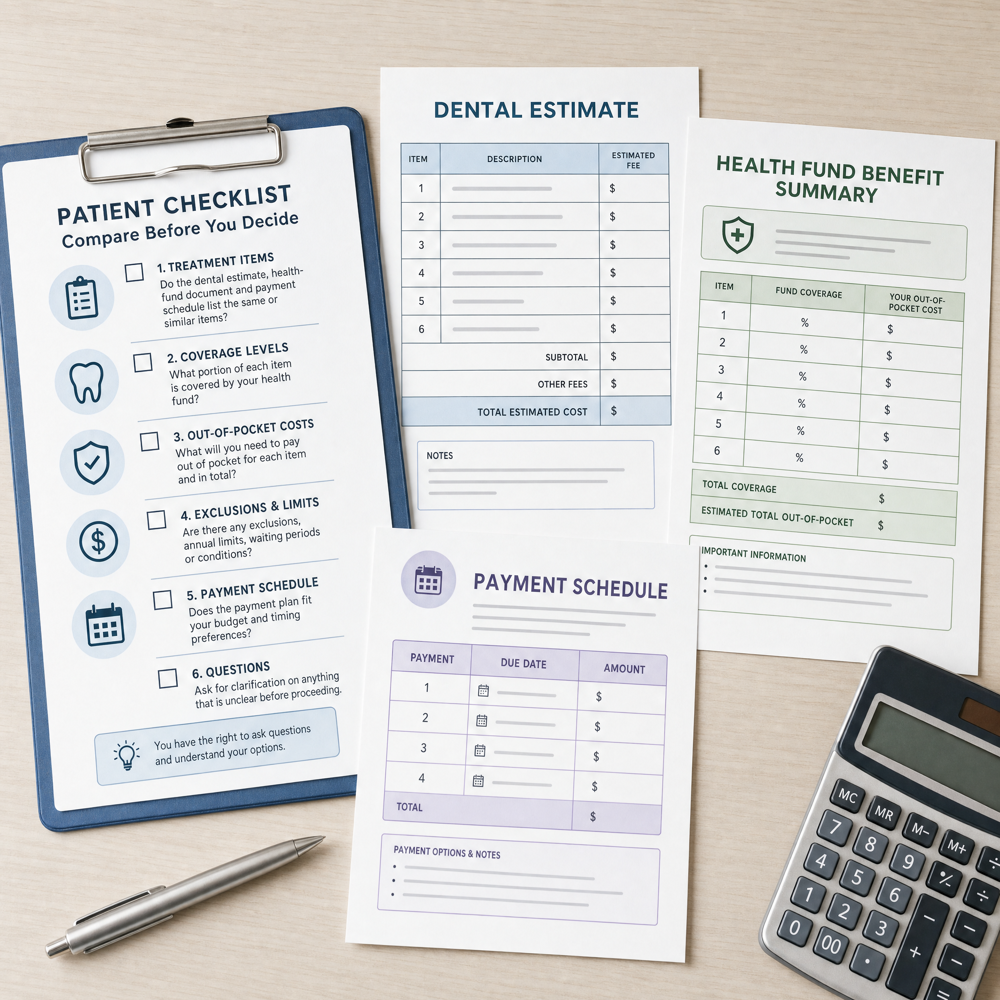 Checklist for comparing a dental estimate, health-fund benefit and payment schedule